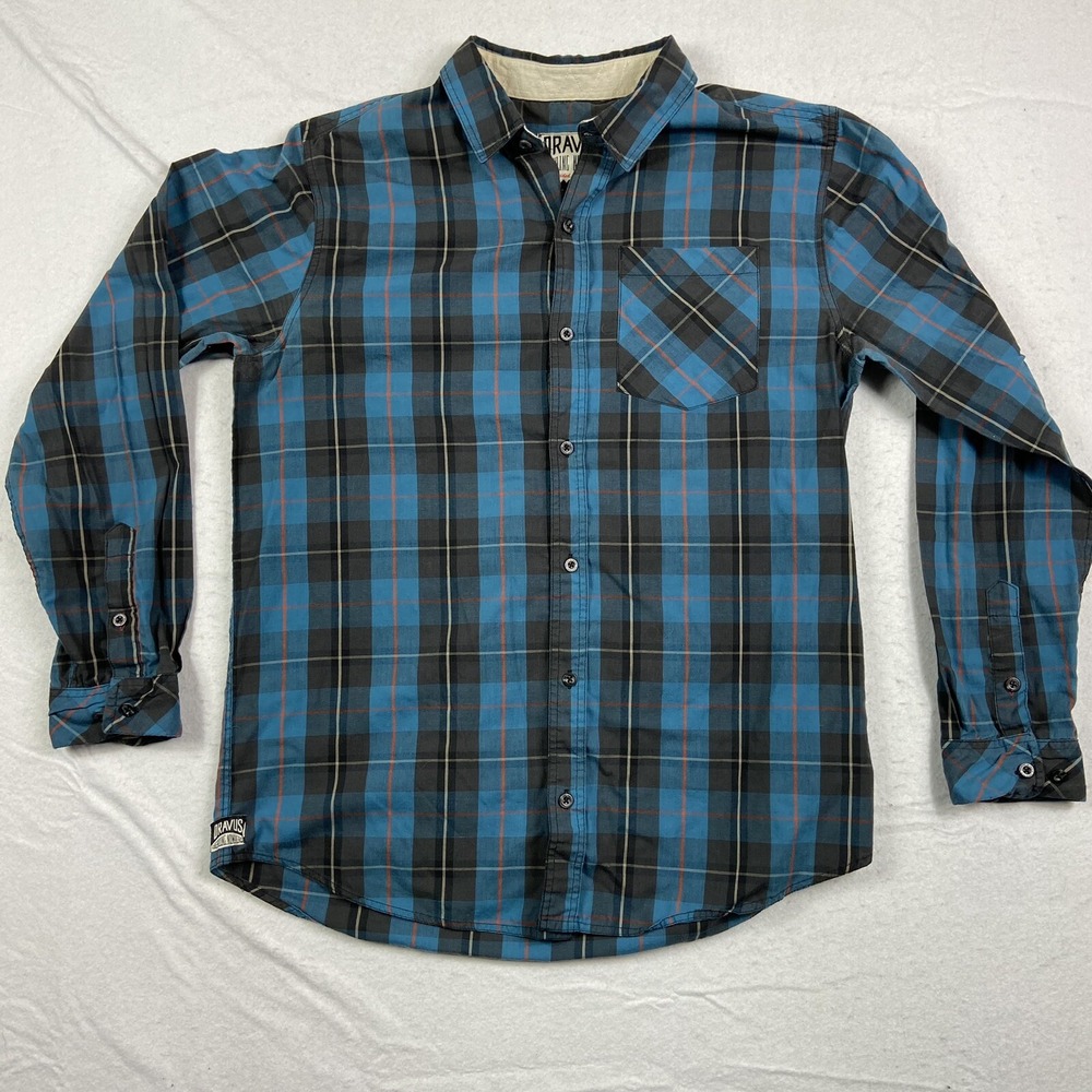 Dravus Mens Blue Plaid Long Sleeve Button Down Shirt Large Pocket‎ Flannel Style